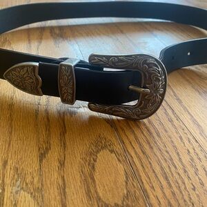 Black Leather Belt with Double Western Buckle